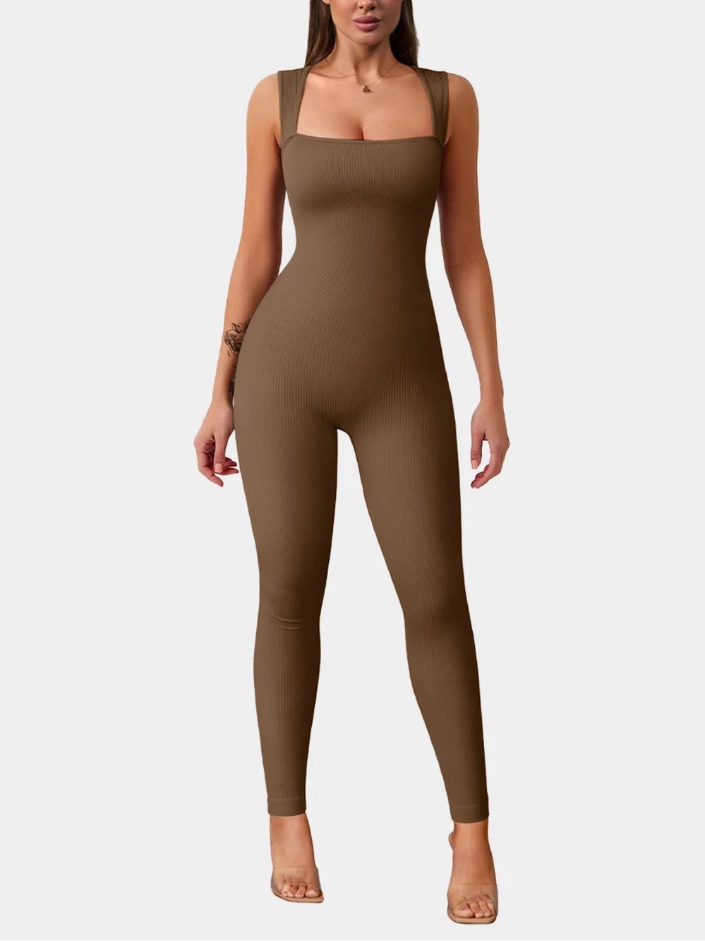 OQQ Women’s Sleeveless Ribbed Square-Neck Jumpsuit in Coffee